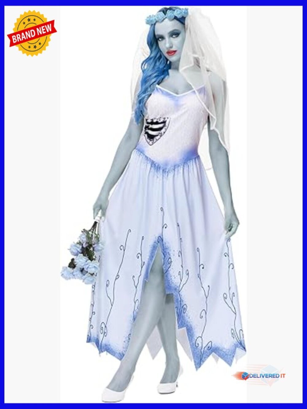 Sleeveless V-Neck Zombie Bride Halloween Costume Dress Cosplay Outfit